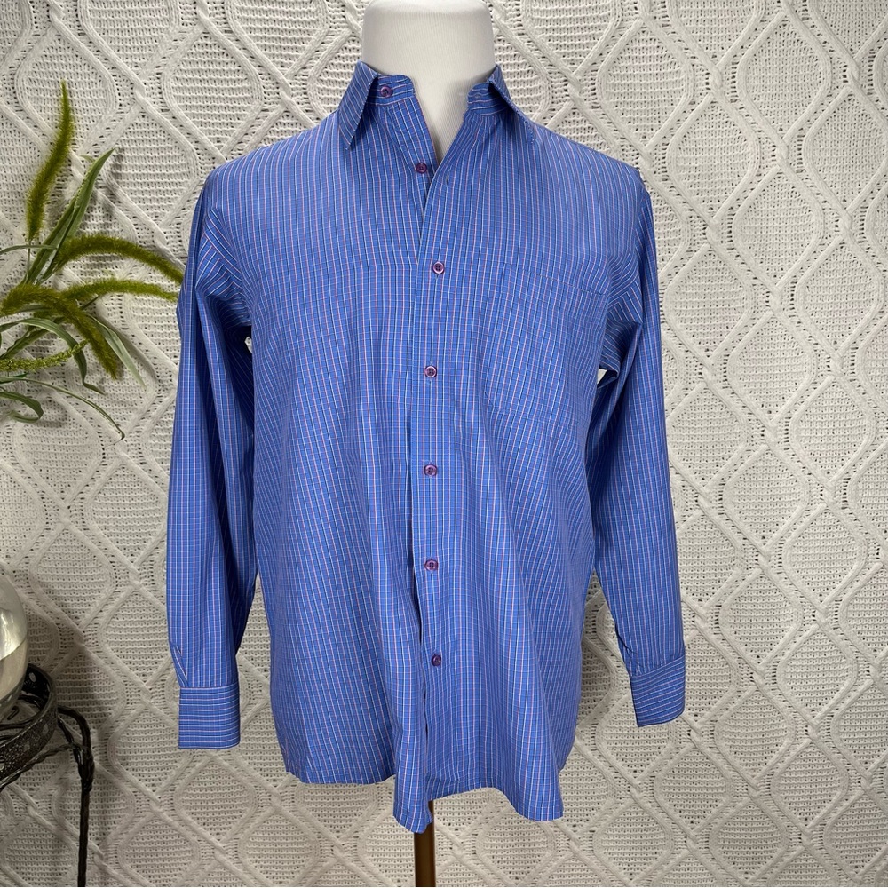SILKINA | Button Down Men's‎ Dress Shirt Checkered Print Blue 42cm